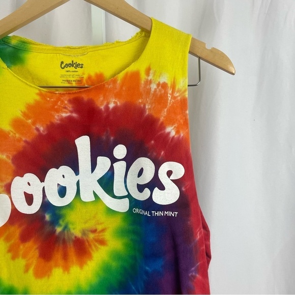 Cookies Medium Vibrant Bright Tie Dye Swirl Hippie Boho Cut Off Tank Top Beach - Picture 10 of 10